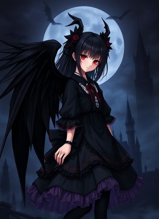 1girl, black wings, red eyes, dark castl