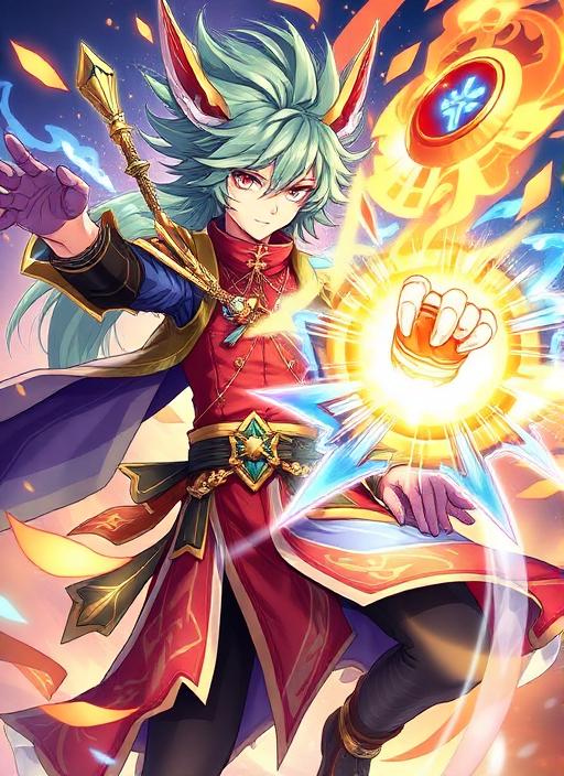 1boy, green hair, fantasy outfit, elemen