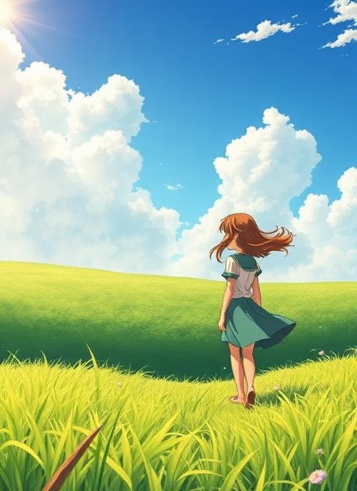 1girl, walking through lush green meadow