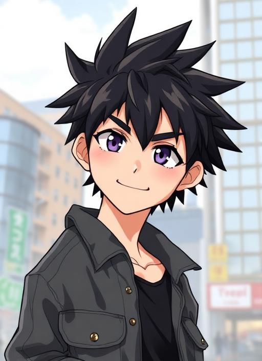 1boy, spiky black hair, confident smile,