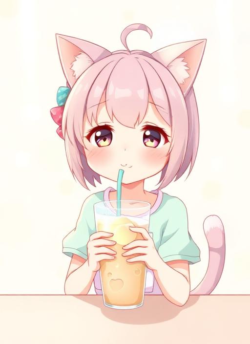 1girl, pink hair, cat ears, drinking jui