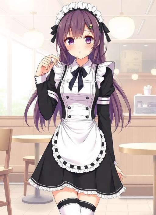 1girl, purple hair, maid outfit, black a