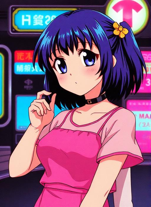 1girl, short blue hair, pink top, neon s