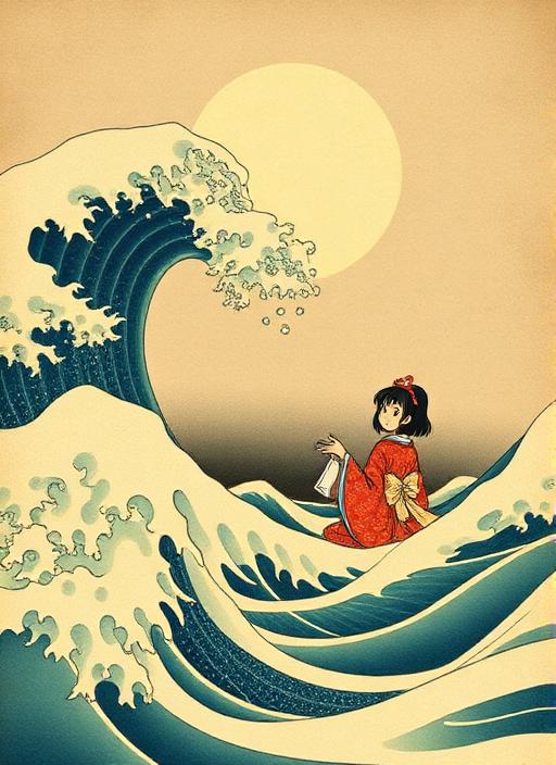 Japanese ukiyo-e style, girl in red kimo